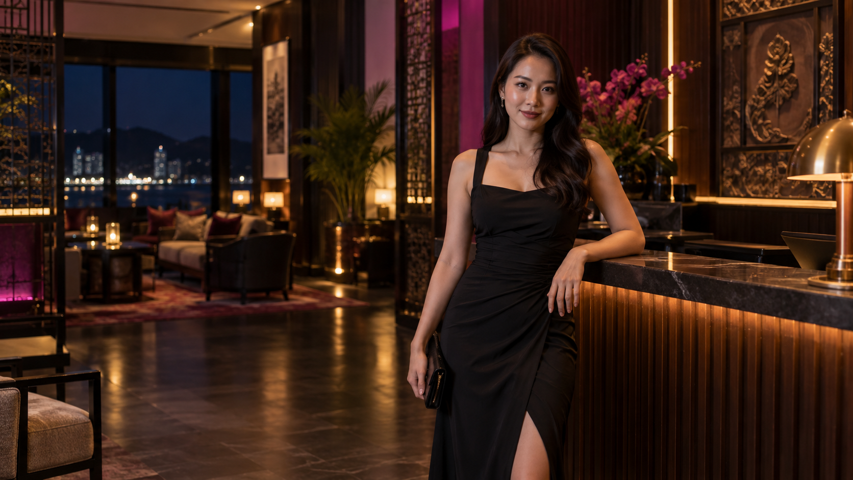 槟城夜间私人酒廊接待区的成年女性
